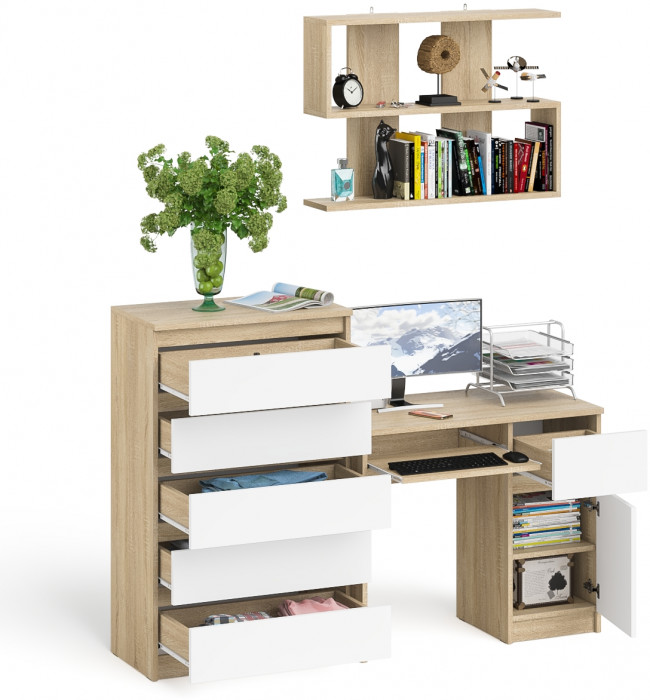 Мори компьютерный стол МС-1 правый + Комод МК700.5 + Полка 900, дуб сонома/белый