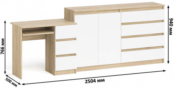 Мори компьютерный стол МС-6 правый + Комод МК1600.1, дуб сонома/белый