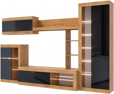 Прага Модульная Гостиная, вариант №4, Дуб Вотан/Черный глянец