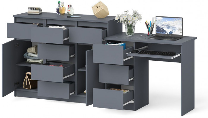 Мори Стол компьютерный МС-6 левый + Комод МК1200.4, цвет графит, ШхГхВ 210,4х50х94 см., выдвижные ящики слева, НЕ универсальная сборка