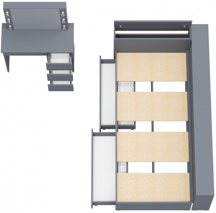 Ксения Кровать с ящиками 0900 + прикроватный блок + Столик с подсветкой Сура, графит