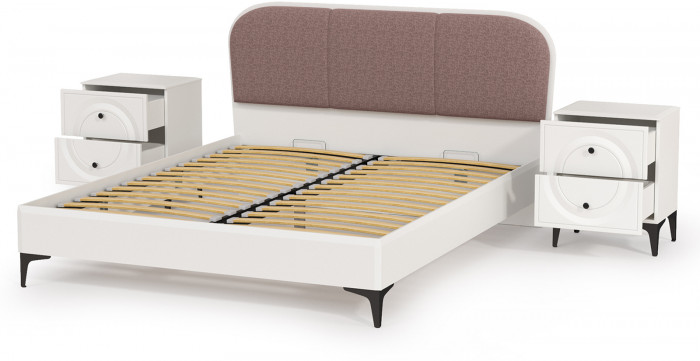Валенсия Спальня 11.36.02 Кровать + ортопед + две Тумбы, цвет ЛДСП белый шагрень/МДФ бел шагр/ткань велутто 19, ШхГхВ 278х204х103,8 см, 1600х2000, б/м