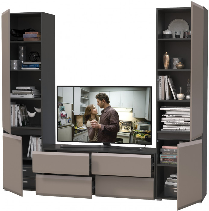Сидней Комплектация № 007, цвет корпус: антрацит/фасады: МДФ веллюто капучино, ШхГхВ 229,9х41,3х205,2 см., ниша для ТВ 129х41х100 см., универс. сборка