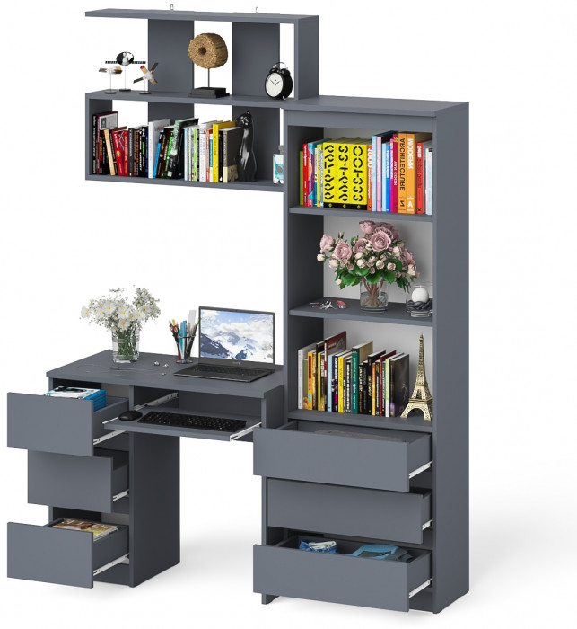 Мори Стол компьютерный МС-6 левый + Стеллаж МСТ600.3 + Полка 900, цвет графит, ШхГхВ 150,4х50х209,6 см., НЕ универсальная сборка