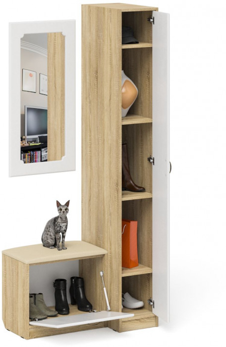 Прихожая П-6 Компоновка № 40, дуб сонома/фасады МДФ белое дерево фрезеровка ромб