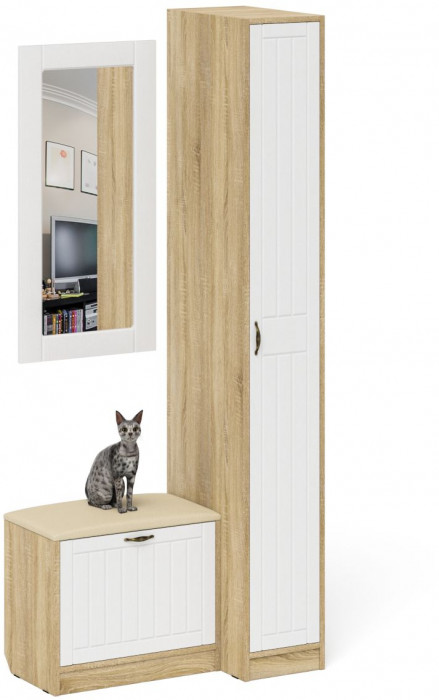 Прихожая П-6 Компоновка № 40, цвет дуб сонома/фасады МДФ белое дерево фрезеровка прованс, ШхГхВ 90х50х210 см., универсальная сборка