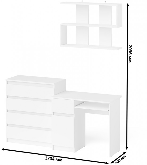 Мори компьютерный стол МС-1 левый + Комод МК800.4 + Полка 900, белый