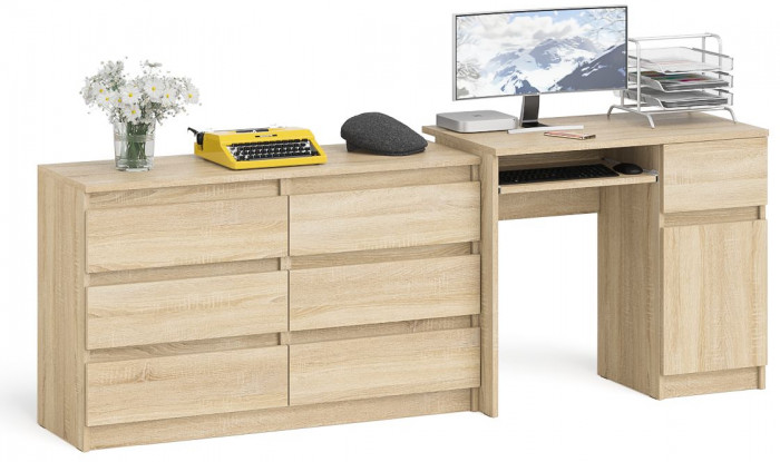 Мори Стол компьютерный МС-1 правый + Комод МК1200.6, цвет дуб сонома, ШхГхВ 210,4х50х76,6 см., выдвижной ящик справа, НЕ универсальная сборка