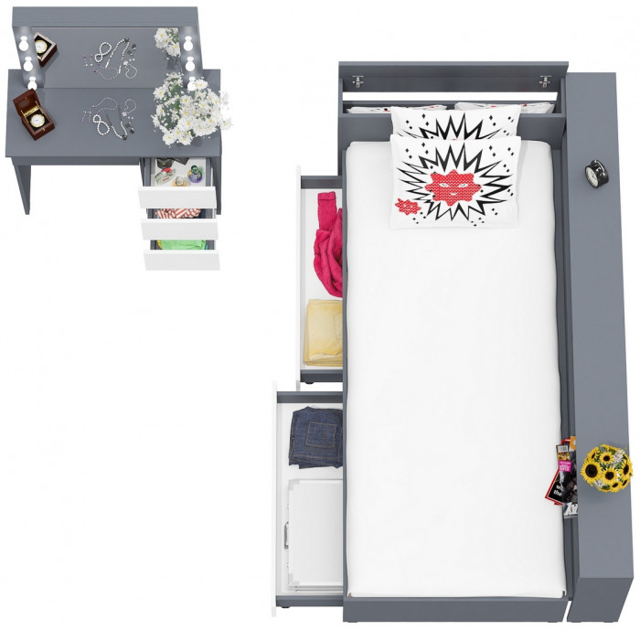 Ксения Кровать с ящиками 0900 + прикроватный блок + Столик с подсветкой Сура, графит/белый