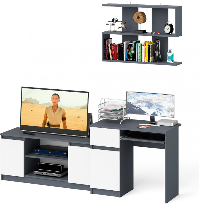 Мори Стол компьютерный МС-1 левый + Тумба МТВ1200.1 + Полка 900, цвет графит/белый, ШхГхВ 210,4х50х209,6 см., НЕ универсальная сборка