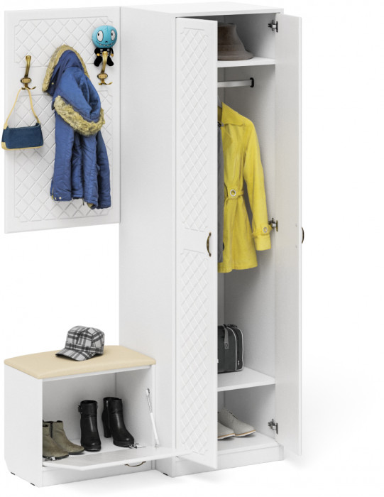 Прихожая П-6 Компоновка № 12, цвет белая шагрень/фасады МДФ белое дерево фрезеровка ромб, ШхГхВ 120х50х210 см., универсальная сборка