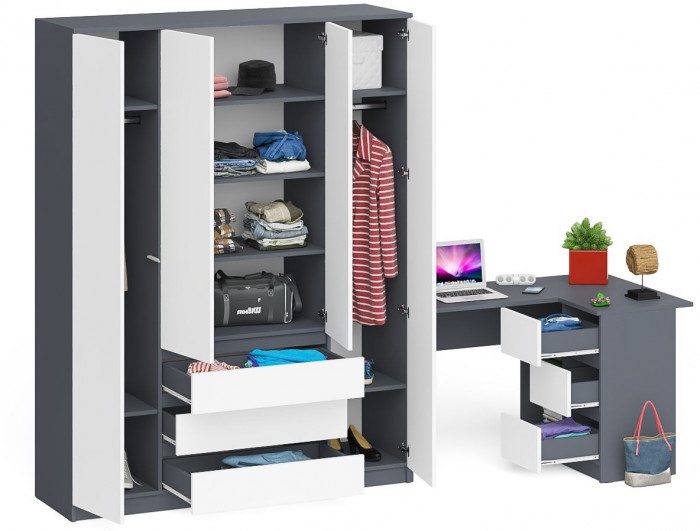 Мори Стол компьютерный МС-16 правый + Шкаф МШ1600.1, цвет графит/белый, ШхГхВ 284,8х84,9х209,6 см., выдвижные ящики справа, НЕ универсальная сборка