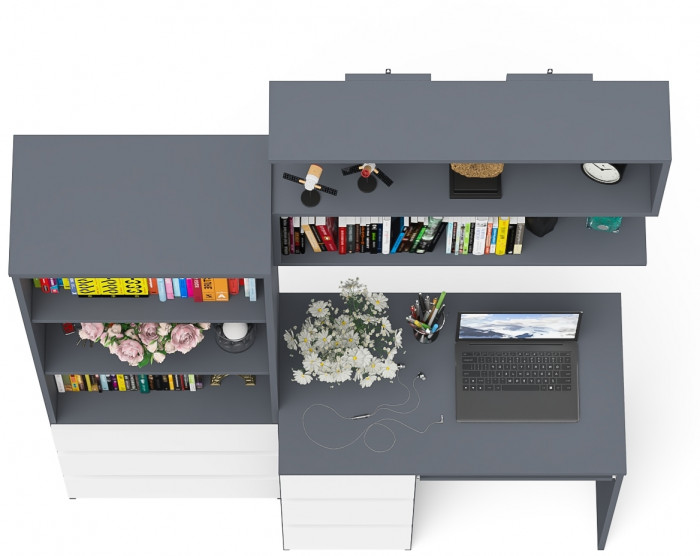 Мори Стол компьютерный МС-6 левый + Стеллаж МСТ600.3 + Полка 900, цвет графит/белый, ШхГхВ 150,4х50х209,6 см., НЕ универсальная сборка