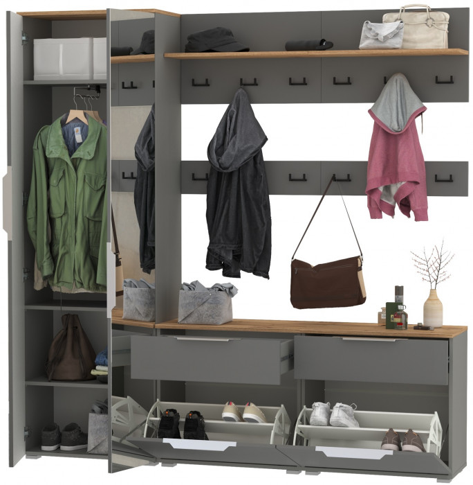 Октава Прихожая 32, цвет серый графит/дуб крафт золотой/фасады МДФ серый графит, ШхГхВ 194,2х35,4х197,6 см., универсальная сборка