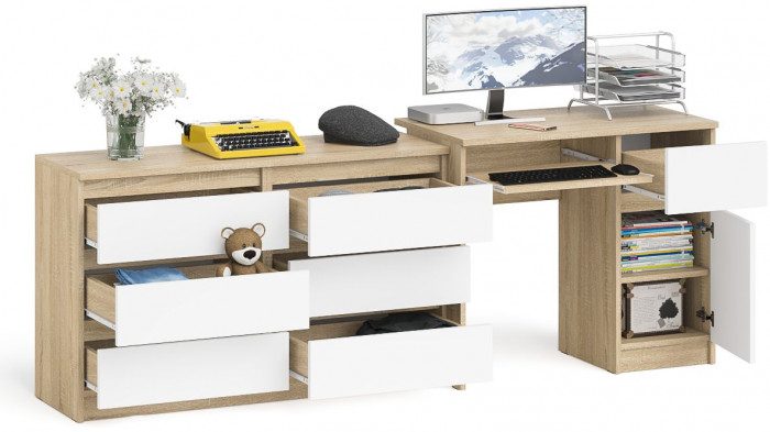 Мори Стол компьютерный МС-1 правый + Комод МК1200.6, цвет дуб сонома/белый, ШхГхВ 210,4х50х76,6 см., выдвижной ящик справа, НЕ универсальная сборка