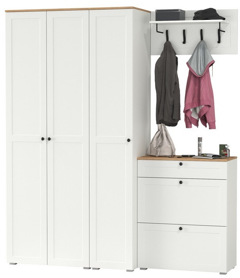 Остин Прихожая 41, цвет белый шагрень/дуб крафт золотой, ШхГхВ 200х54,3х229,6 см., универсальная сборка