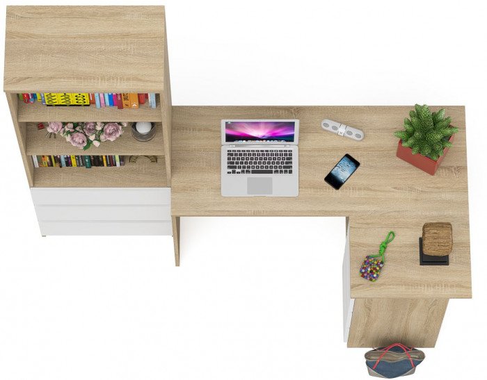 Мори компьютерный стол МС-16 правый + Стеллаж МСТ600.3, дуб сонома/белый