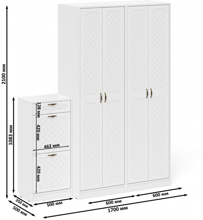 Прихожая П-6 Компоновка № 13, цвет белая шагрень/фасады МДФ белое дерево фрезеровка ромб, ШхГхВ 170х50х210 см., универсальная сборка