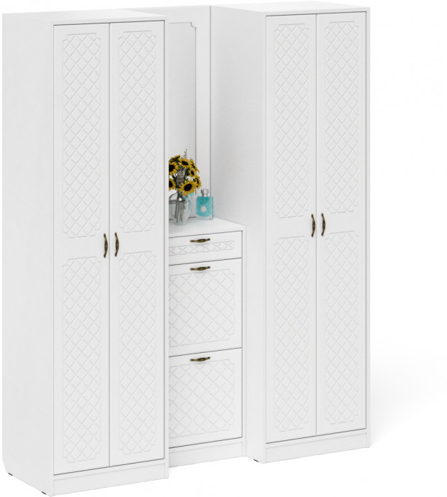 Прихожая П-6 Компоновка № 14, белая шагрень/фасады МДФ белое дерево фрезеровка ромб