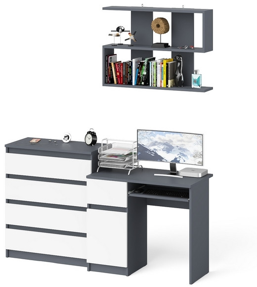 Мори компьютерный стол МС-1 левый + Комод МК800.4 + Полка 900, графит/белый
