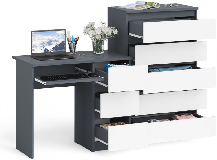 Мори компьютерный стол МС-6 правый + Комод МК700.5, графит/белый
