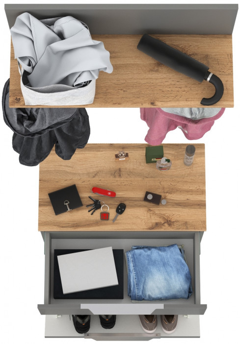 Октава 16.127 Тумба для обуви + 15.14.01 Вешалка, цвет серый графит/дуб крафт золотой/фасады МДФ серый графит, ШхГхВ 64,9х35,4х197 см.