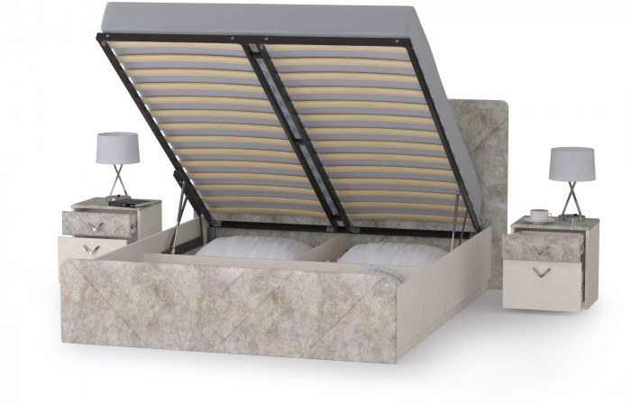 Амели Кровать 11.31 + подъёмный ортопед + две тумбочки, цвет шёлковый камень/бетон чикаго беж, ШхГхВ 263,4х205,2х104,3 см., сп. м. 1600х2000 мм., б/м