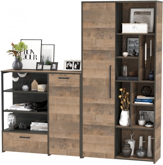 Трувор 13.206 Шкаф-стеллаж + 13.307.01 Комод, цвет дуб гранж песочный/интра, ШхГхВ 202х37х194,2 см., универсальная сборка