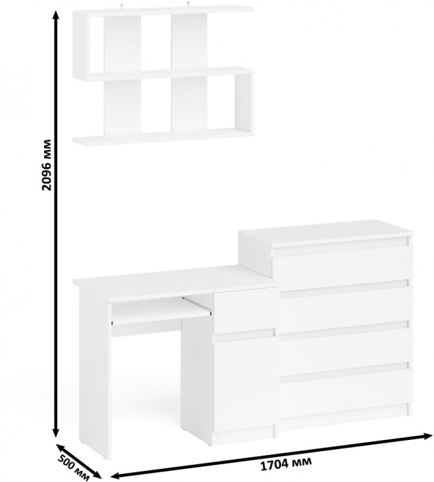 Мори компьютерный стол МС-1 правый + Комод МК800.4 + Полка 900, белый