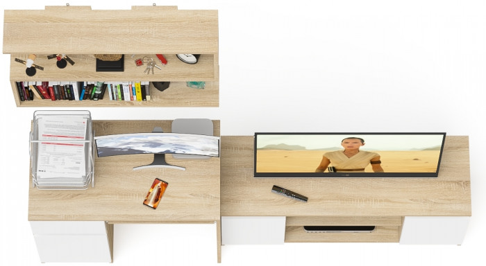 Мори Стол компьютерный МС-1 левый + Тумба МТВ1200.1 + Полка 900, цвет дуб сонома/белый, ШхГхВ 210,4х50х209,6 см., НЕ универсальная сборка