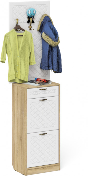 Прихожая П-6 Тумба для обуви 2 секции + Вешалка, цвет дуб сонома/фасады МДФ белое дерево фрезеровка ромб, ШхГхВ 50х35х210 см.