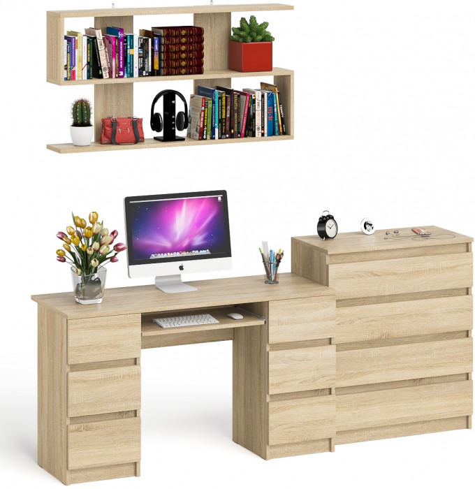 Мори компьютерный стол МС-2 + Комод МК800.4 + Полка 1200, дуб сонома