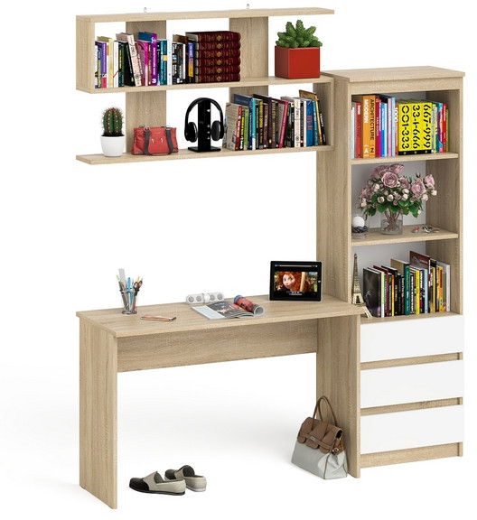 Мори письменный стол МСП1200.1 + Стеллаж МСТ600.3 + Полка 1200, дуб сонома/белый