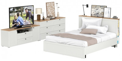 Остин 11.53 Кровать + ортопед + 16.240 Комод + 16.47 Тумба под ТВ, белый шагрень/дуб крафт золотой