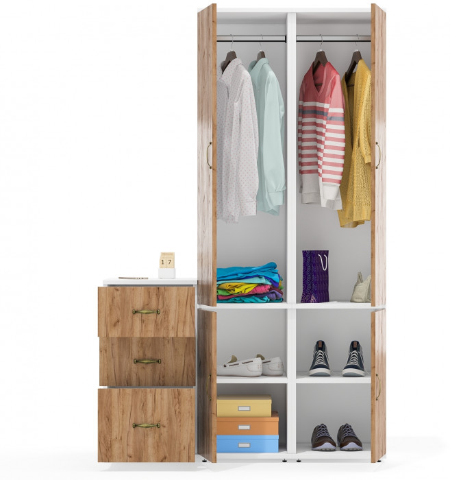 Лидер-8 Пенал МД 23Б + Пенал МД 23Б + Тумба МД 3.16, цвет белый шагрень/крафт золото, ШхГхВ 120х50х190 см., универсальная сборка