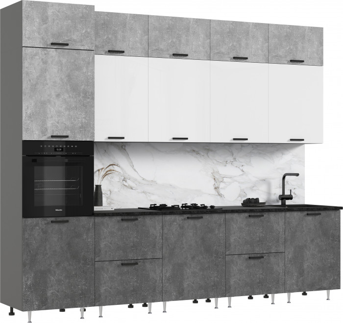 Кухня Рио NEW ЛДСП 3,0м/1080м (490) Компановка №3, Бетон светлый/Бетон темный/Белый глянец, Графит
