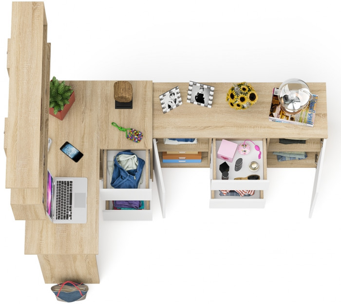 Мори компьютерный стол МС-16 правый + Комод МК1200.3 + Полка 1200, дуб сонома/белый