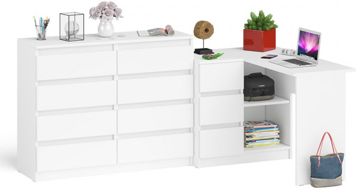 Мори Стол компьютерный МС-16 левый + Комод МК1200.8, цвет белый, ШхГхВ 244,8х84,9х94 см., выдвижные ящики слева, НЕ универсальная сборка