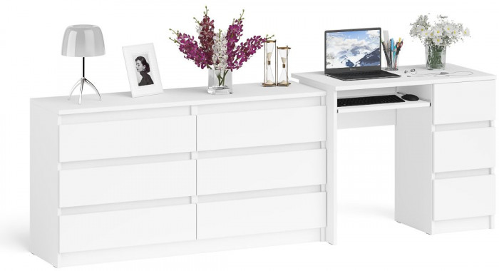Мори Стол компьютерный МС-6 правый + Комод МК1380.6, цвет белый, ШхГхВ 228х50х76,6 см., выдвижные ящики справа, НЕ универсальная сборка