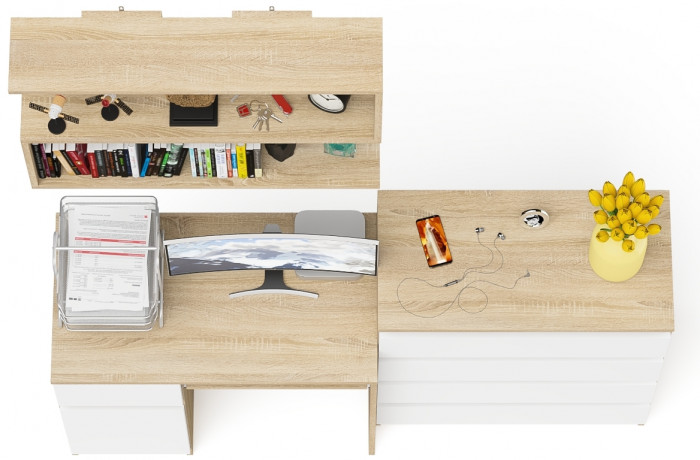 Мори компьютерный стол МС-1 левый + Комод МК800.4 + Полка 900, дуб сонома/белый