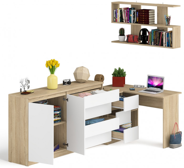 Мори компьютерный стол МС-16 левый + Комод МК1600.1 + Полка 1200, дуб сонома/белый