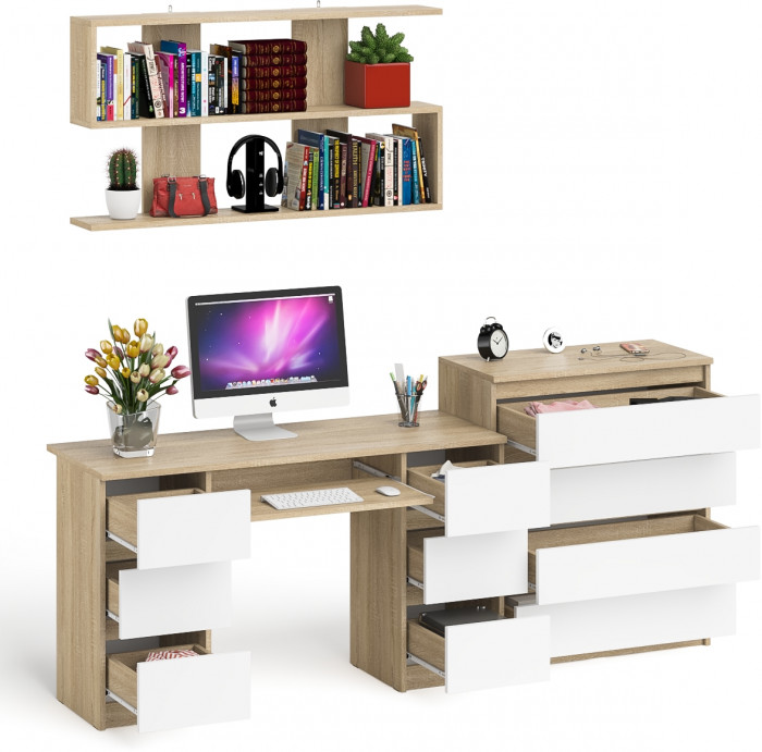 Мори компьютерный стол МС-2 + Комод МК800.4 + Полка 1200, дуб сонома/белый