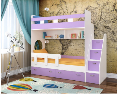 Двухъярусная кровать Юниор 1 + бортик Юниор (Белое дерево/Ирис)