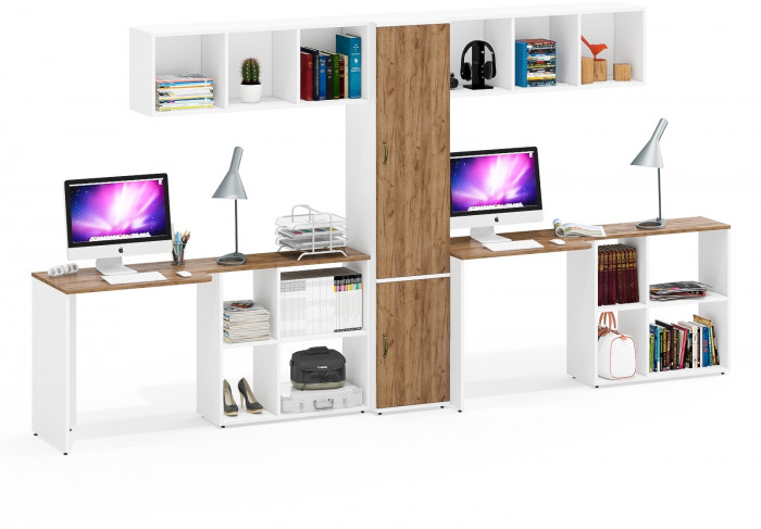 Лидер-8 Стол + Полка + Стол + Полка + Пенал МД 21Б, цвет белый шагрень/крафт золото, ШхГхВ 370х50/37,5х75/190 или 230х50/120х75/190 см., НЕ ун. сборка