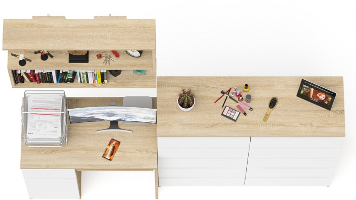 Мори Стол компьютерный МС-1 левый + Комод МК1200.10 + Полка 900, цвет дуб сонома/белый, ШхГхВ 210,4х50х209,6 см., НЕ универсальная сборка