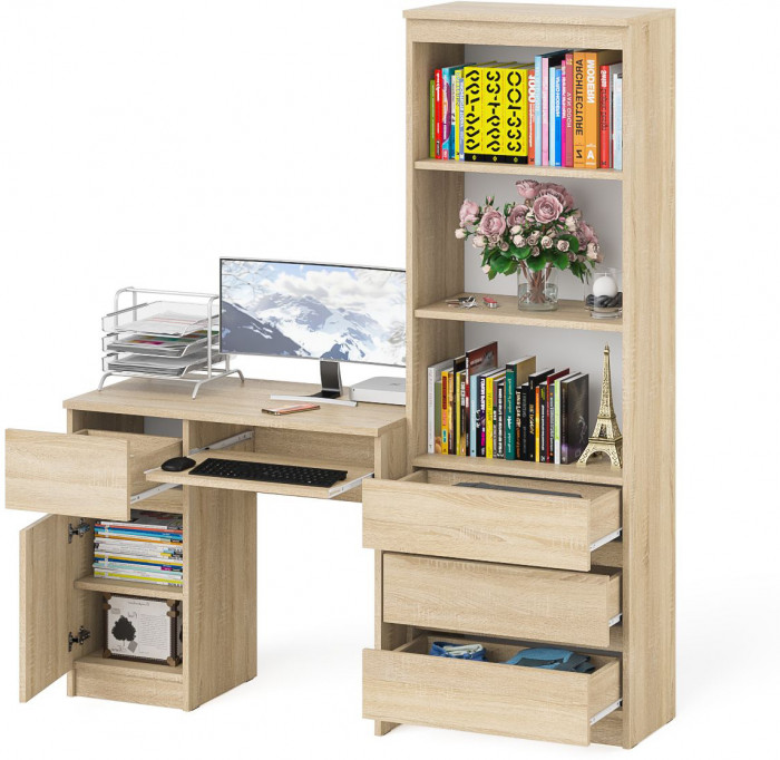 Мори Стол компьютерный МС-1 левый + Стеллаж МСТ600.3, цвет дуб сонома, ШхГхВ 150,4х50х179,6 см., выдвижной ящик слева, НЕ универсальная сборка