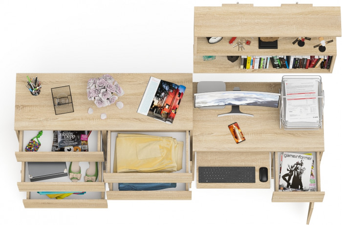 Мори Стол компьютерный МС-1 правый + Комод МК1200.8 + Полка 900, цвет дуб сонома, ШхГхВ 210,4х50х209,6 см., НЕ универсальная сборка