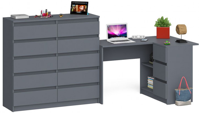 Мори Стол компьютерный МС-16 правый + Комод МК1200.10, цвет графит, ШхГхВ 244,8х84,9х115 см., выдвижные ящики справа, НЕ универсальная сборка