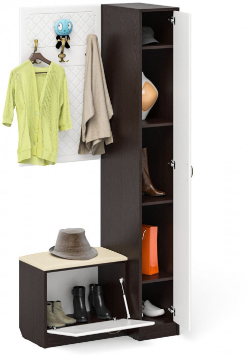 Прихожая П-6 Компоновка № 41, цвет венге/фасады МДФ белое дерево фрезеровка ромб, ШхГхВ 90х50х210 см., универсальная сборка