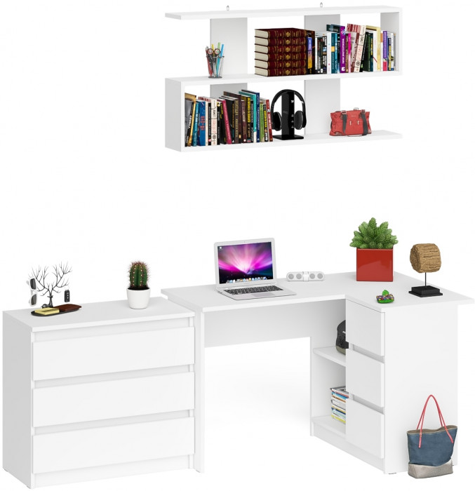 Мори компьютерный стол МС-16 правый + Комод МК800.1 + Полка 1200, белый
